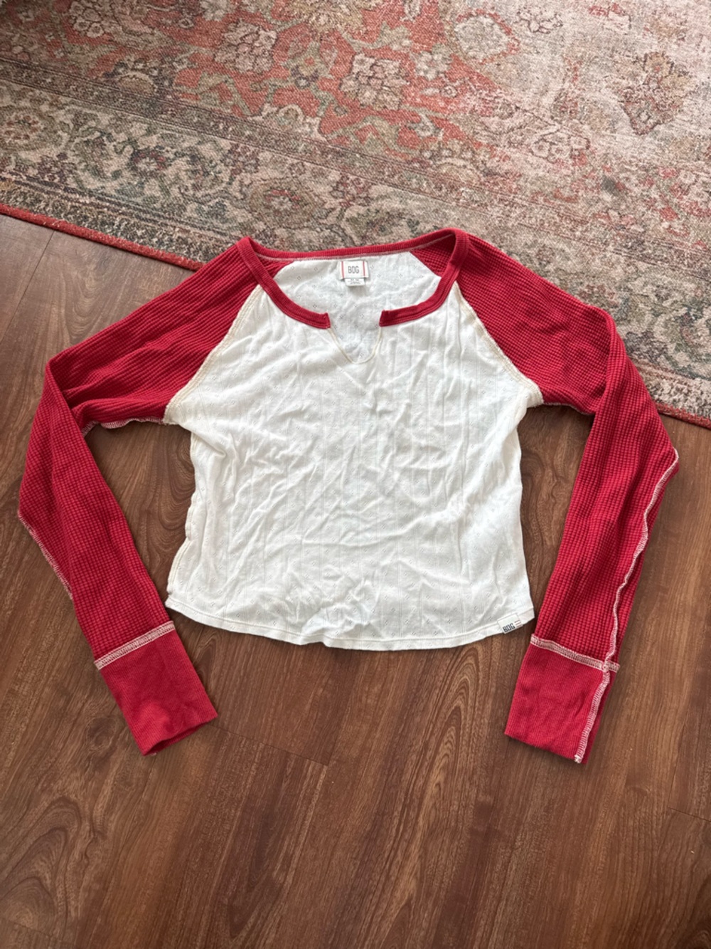 White & Red Waffle Raglan Long Sleeve Top